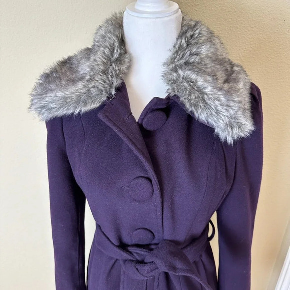 BANANA USA Fur Collar Purple Lined Coat Jacket w Ruffle Tie Belt Size Large - Picture 11 of 16